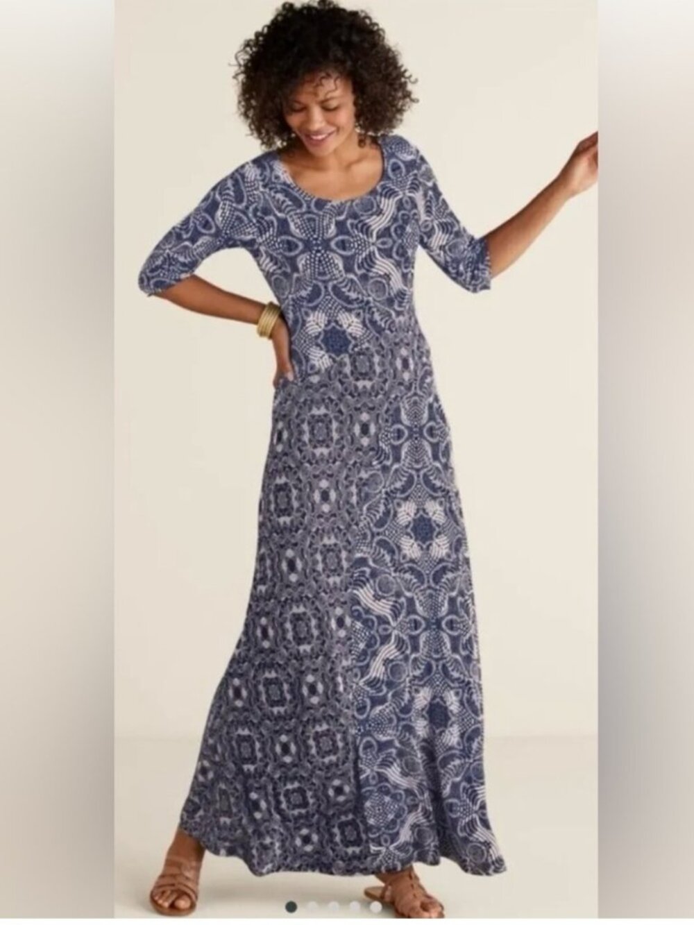 Soft Surroundings Juliette Jersey Navy & Neutral Tile Maxi Dress - Petite Med.
